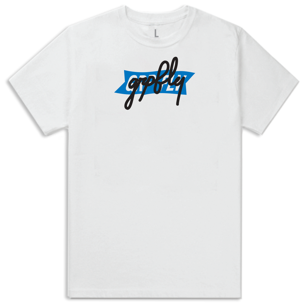 Cursive Tee- White/Blue